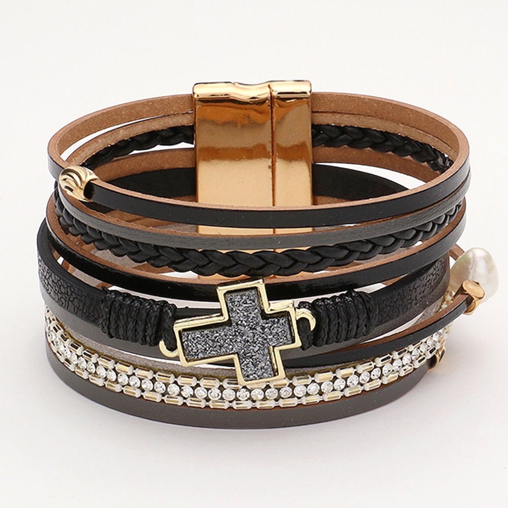 Black Metal Charm Magnetic Wrap Statement Bracelet